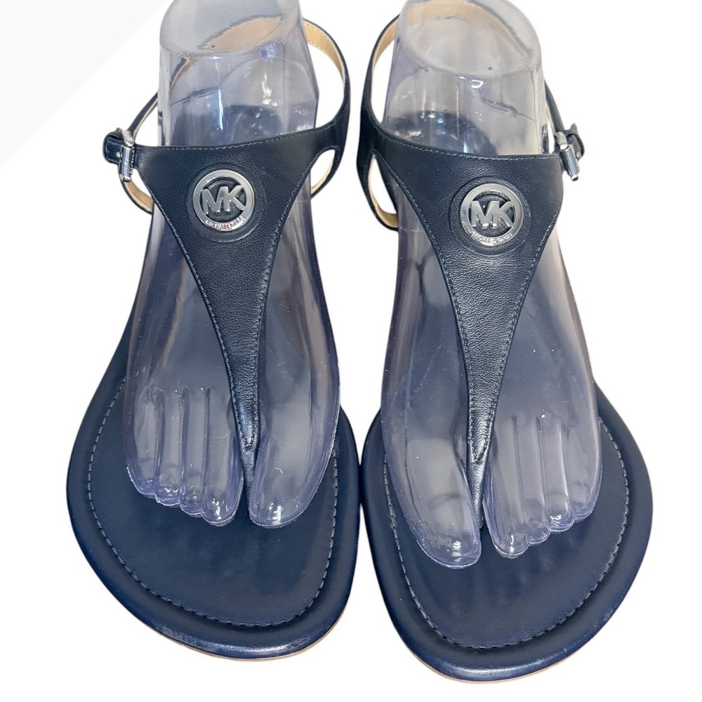 Michael Kors Navy Blue Thong Wedge Sandals Logo Leather Women's Size 10M